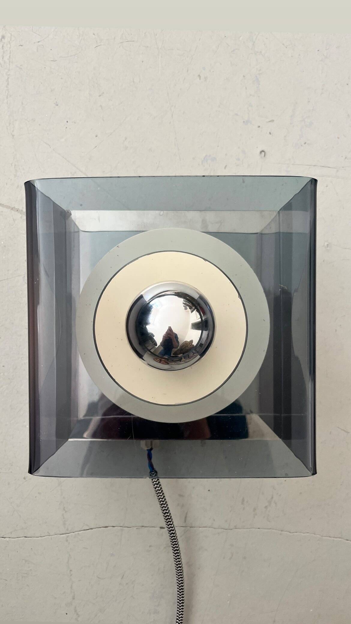 Wall lamp in chromed metal and plexiglass disco model by Jocelyne Trocmé, 1970