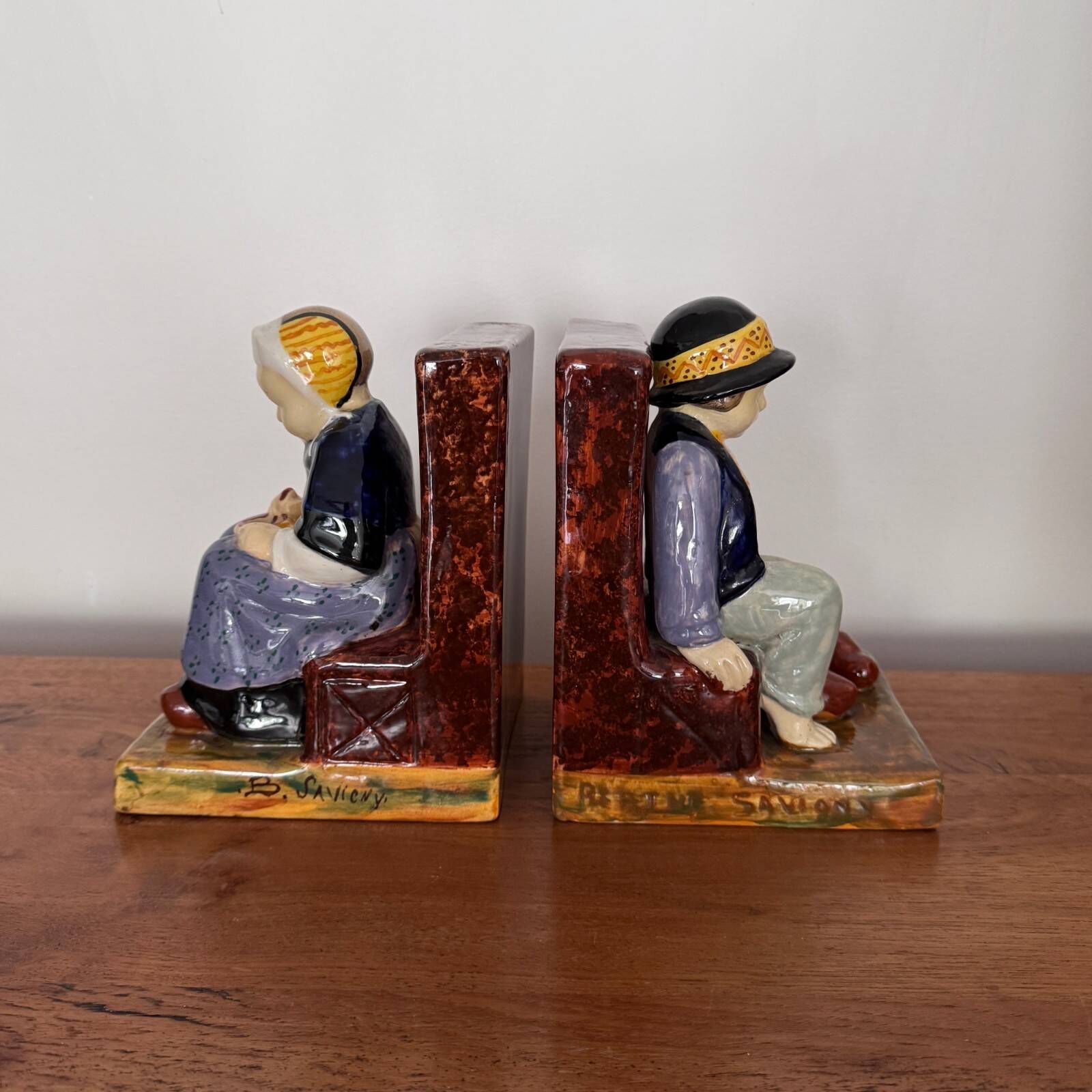 Pair of HB Quimper bookends by Berthe Savigny seated children