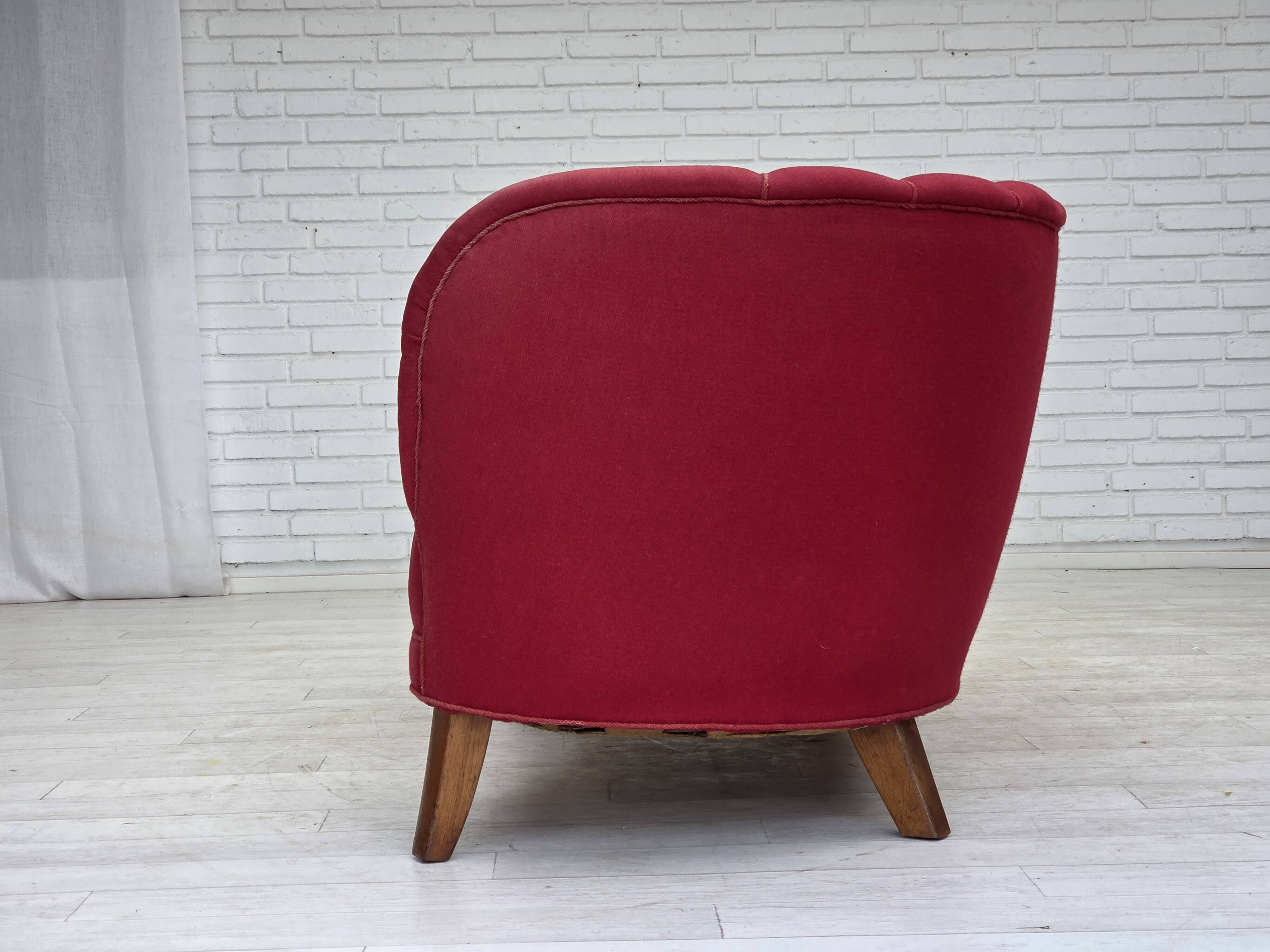 1960s, Danish 2-seater "Banana" sofa, furniture wool, oak wood legs.