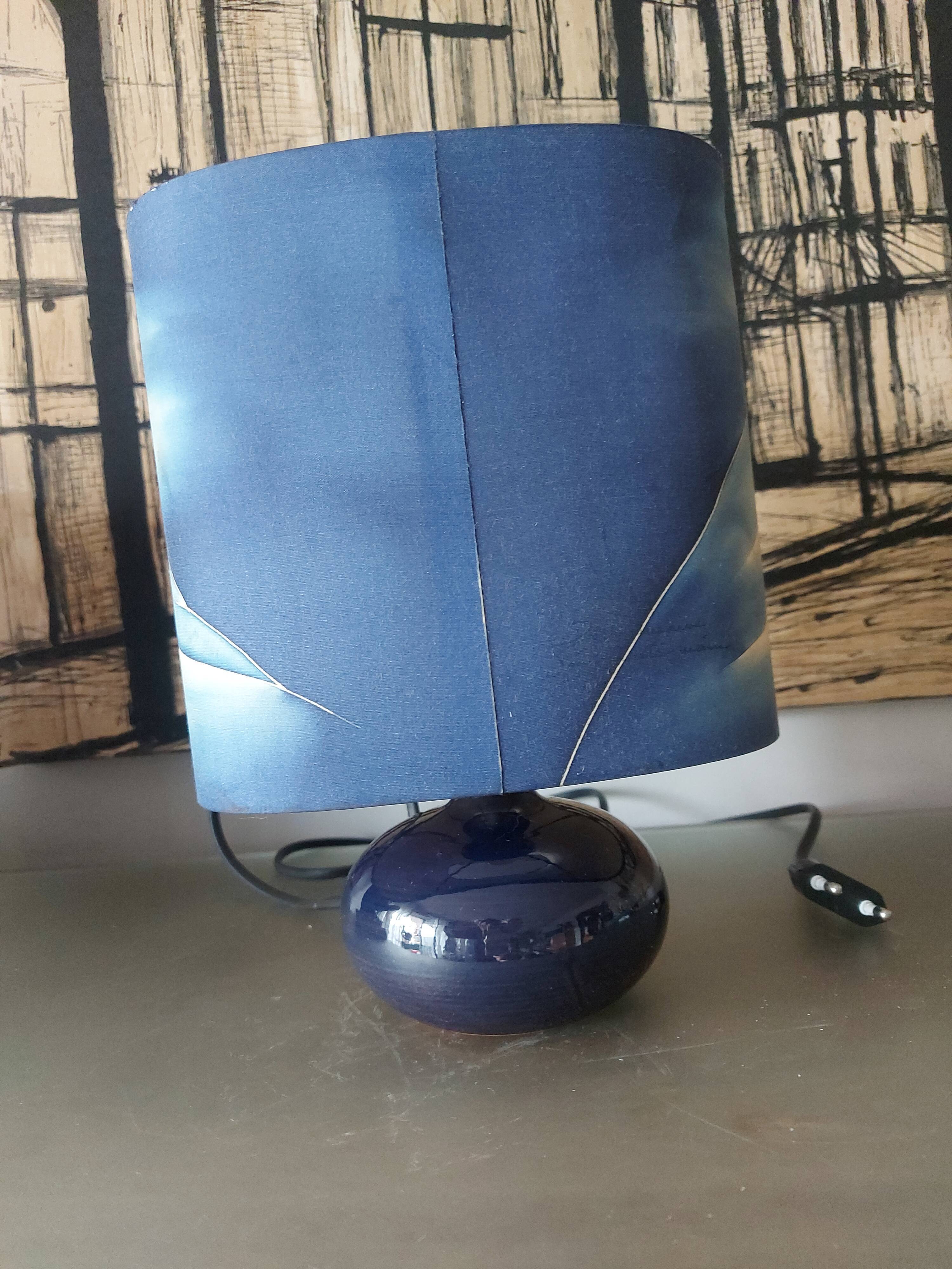 Ceramic lamp, Montclus art workshop, silk lampshade, hand painted