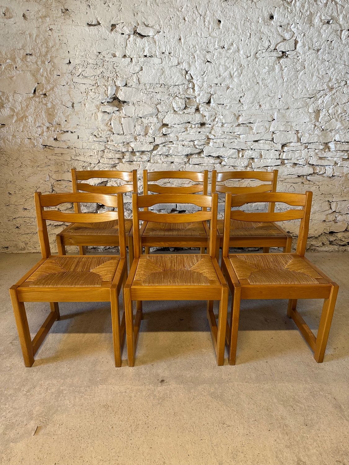 6 Regain House chairs - Elm and straw - 1980 - Vintage - Brutalist