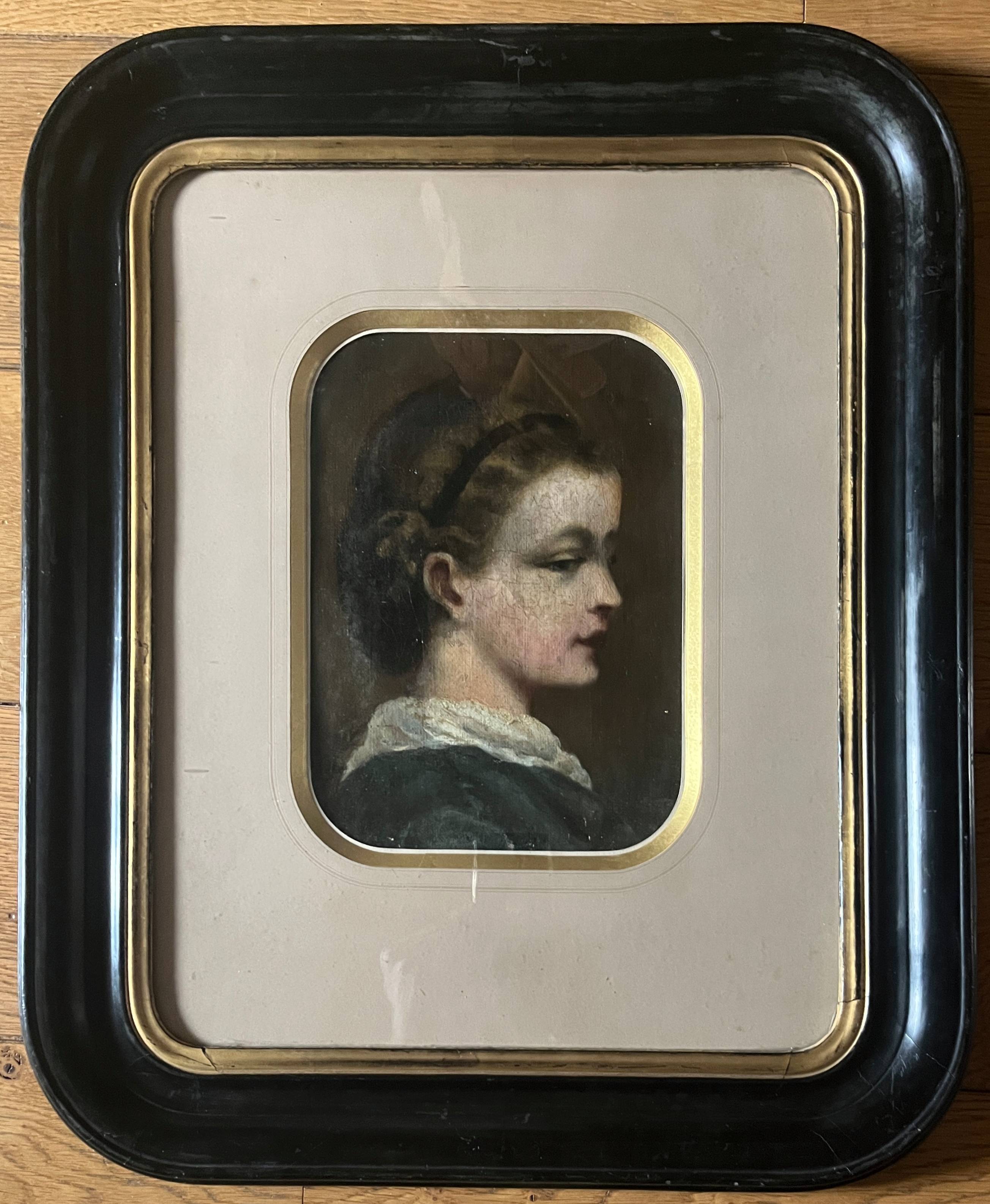 HST/P painting "Family portrait, Young woman" 19th century + frame