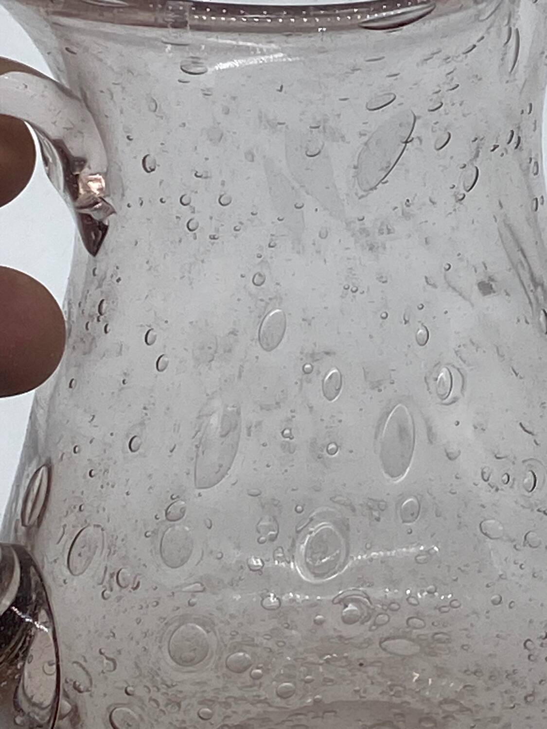 Biot style bubbled glass pitcher, pink tones, vintage