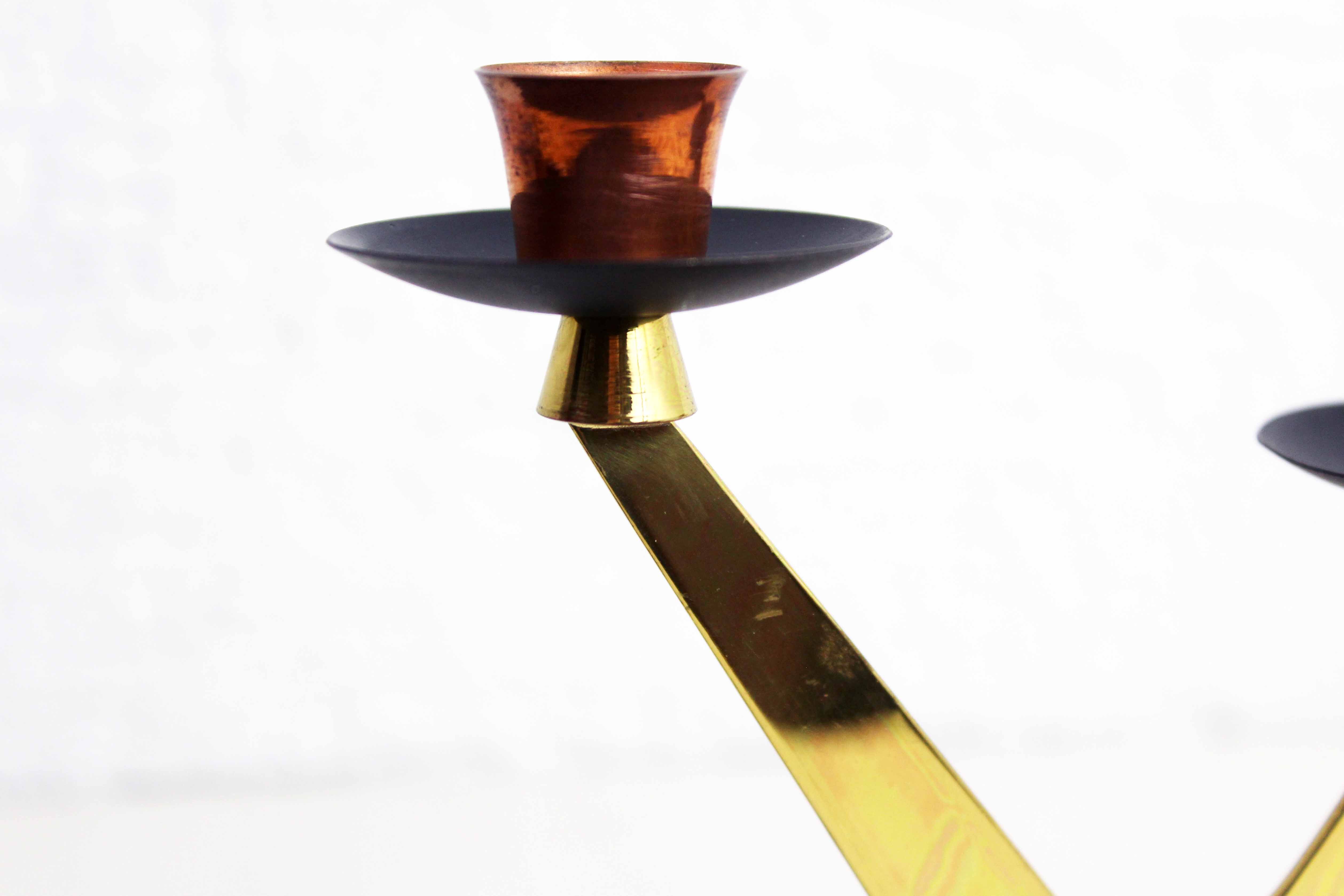 Double teak and brass candle holder