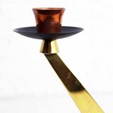 Double teak and brass candle holder