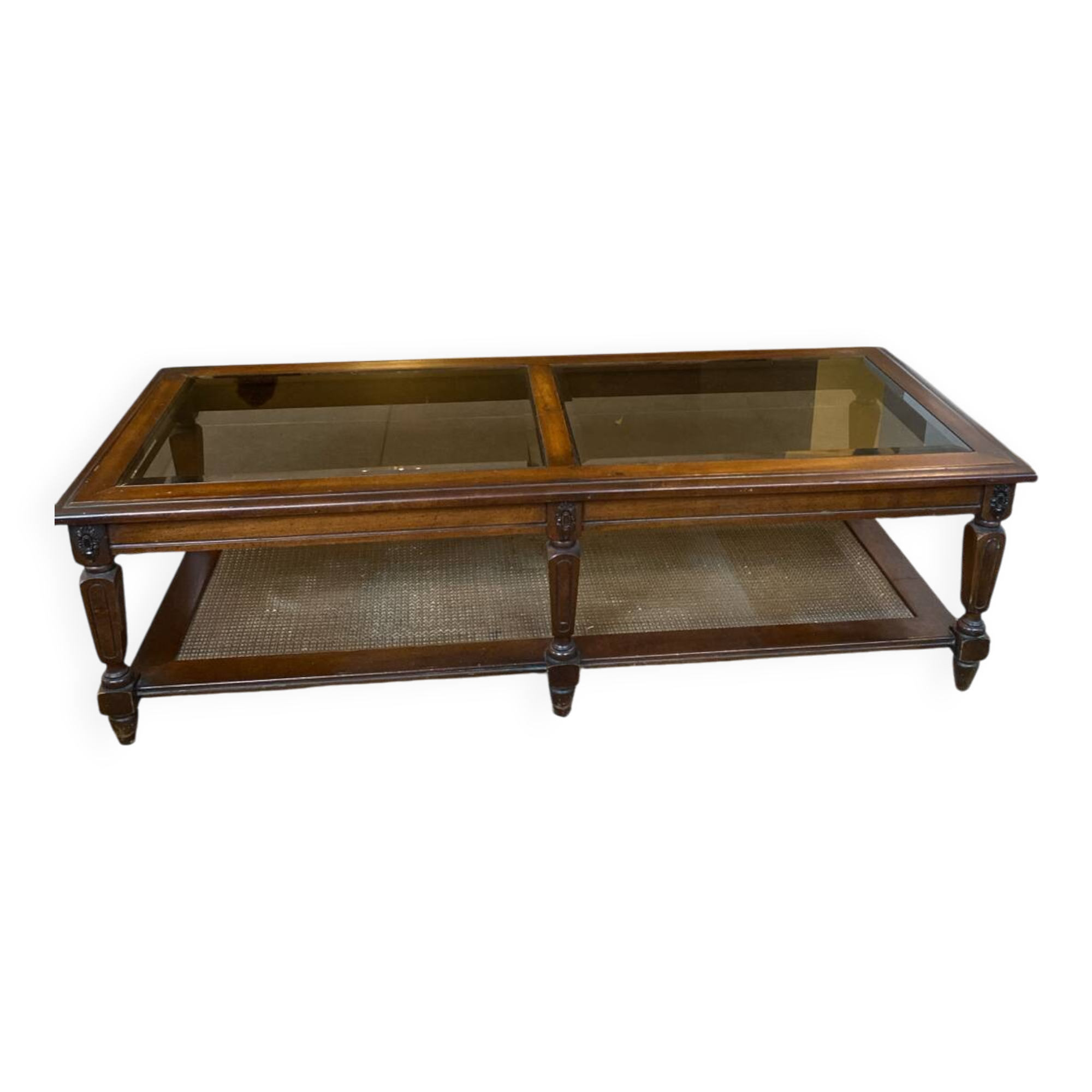 Wood, glass and cane coffee table