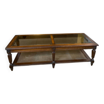 Table basse bois verre et cannage