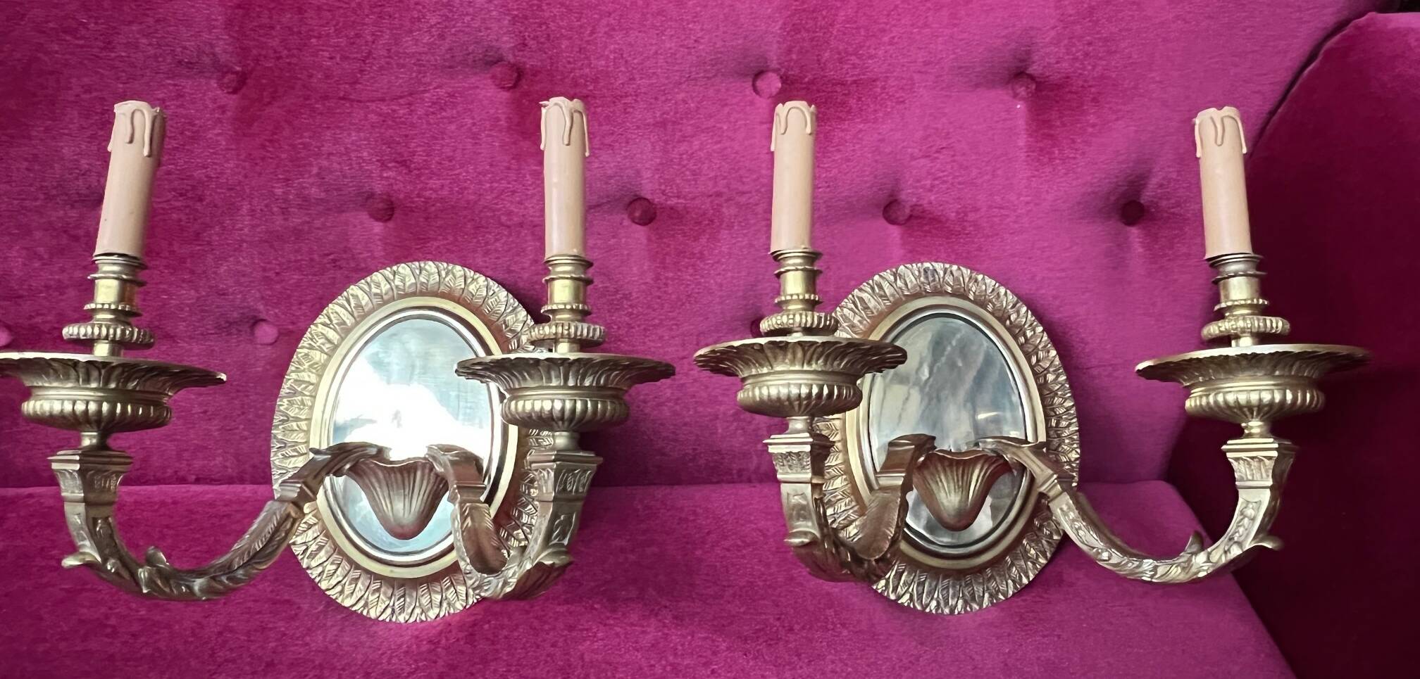 Pair of Louis XVI style solid gilded bronze wall sconces.