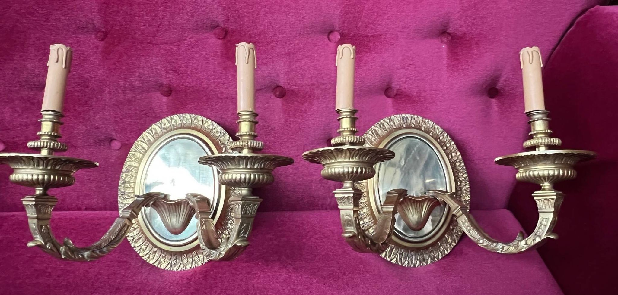 Pair of Louis XVI style solid gilded bronze wall sconces.