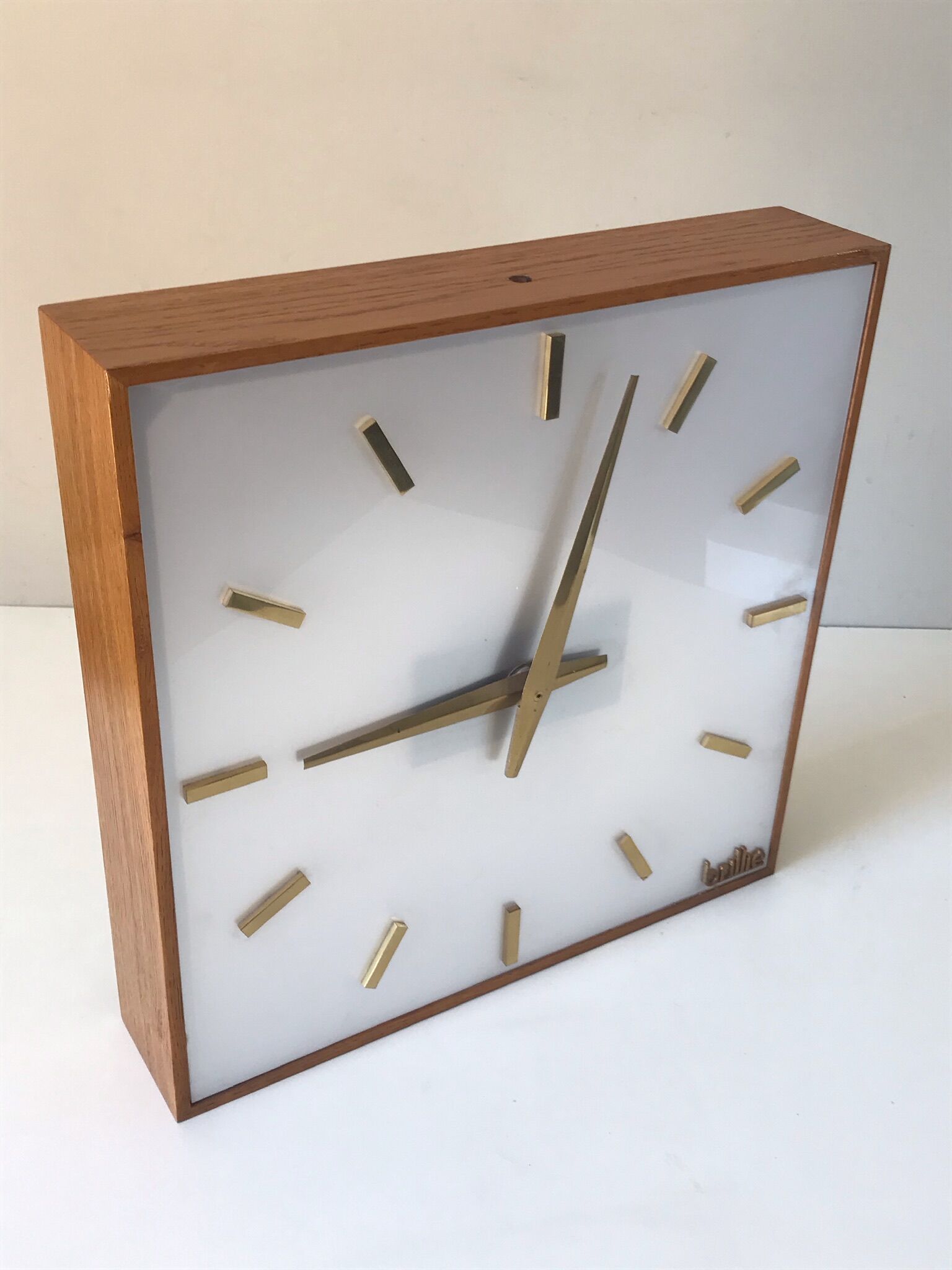 Large electric office clock vintage brass and wood Annees 60