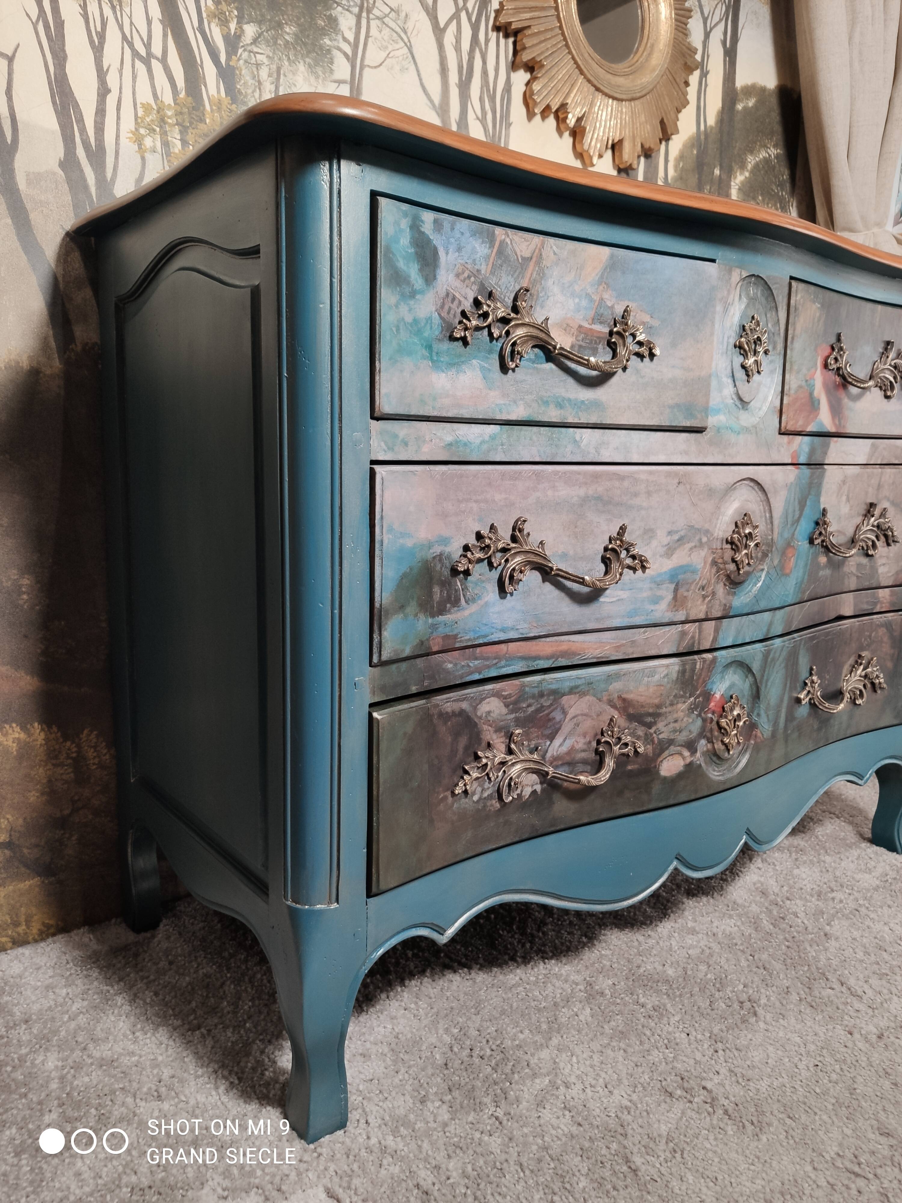 Patinated crossbow chest of drawers