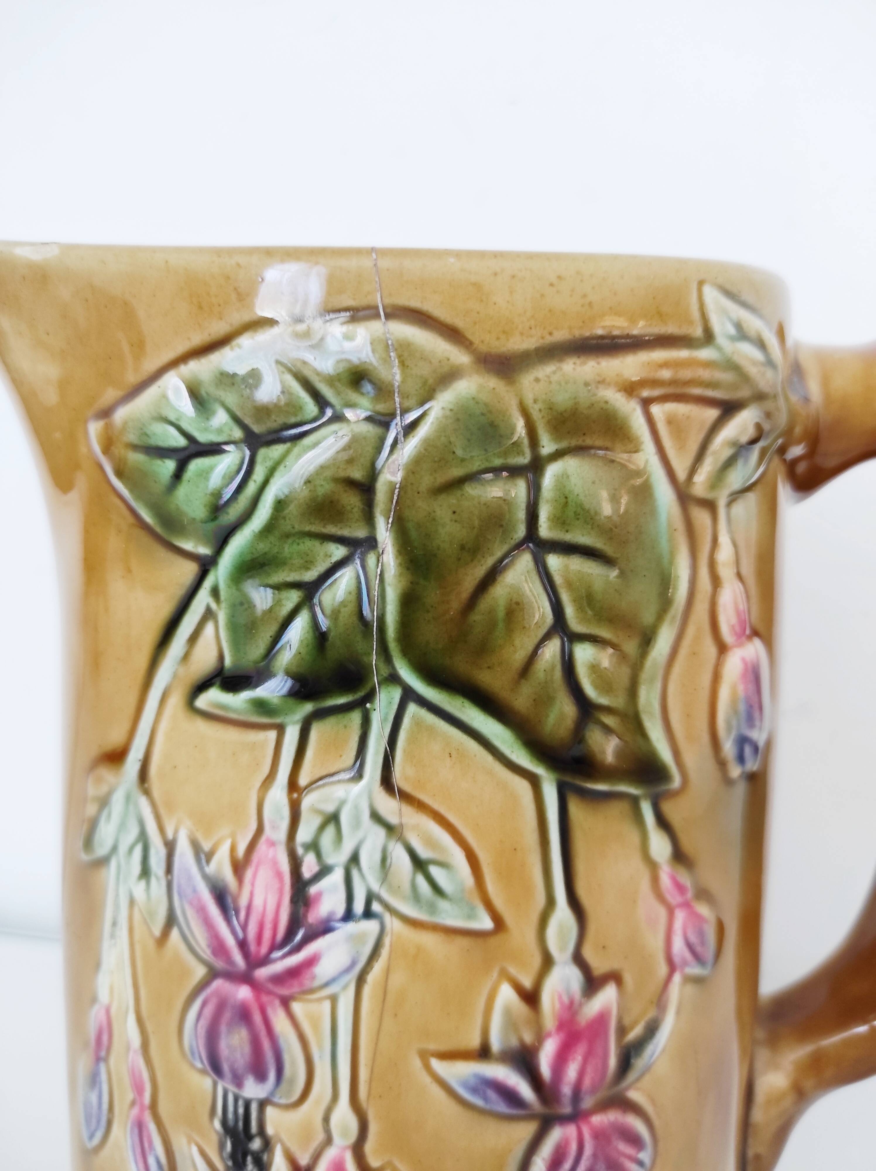 1900 earthenware pitcher with pink flowers