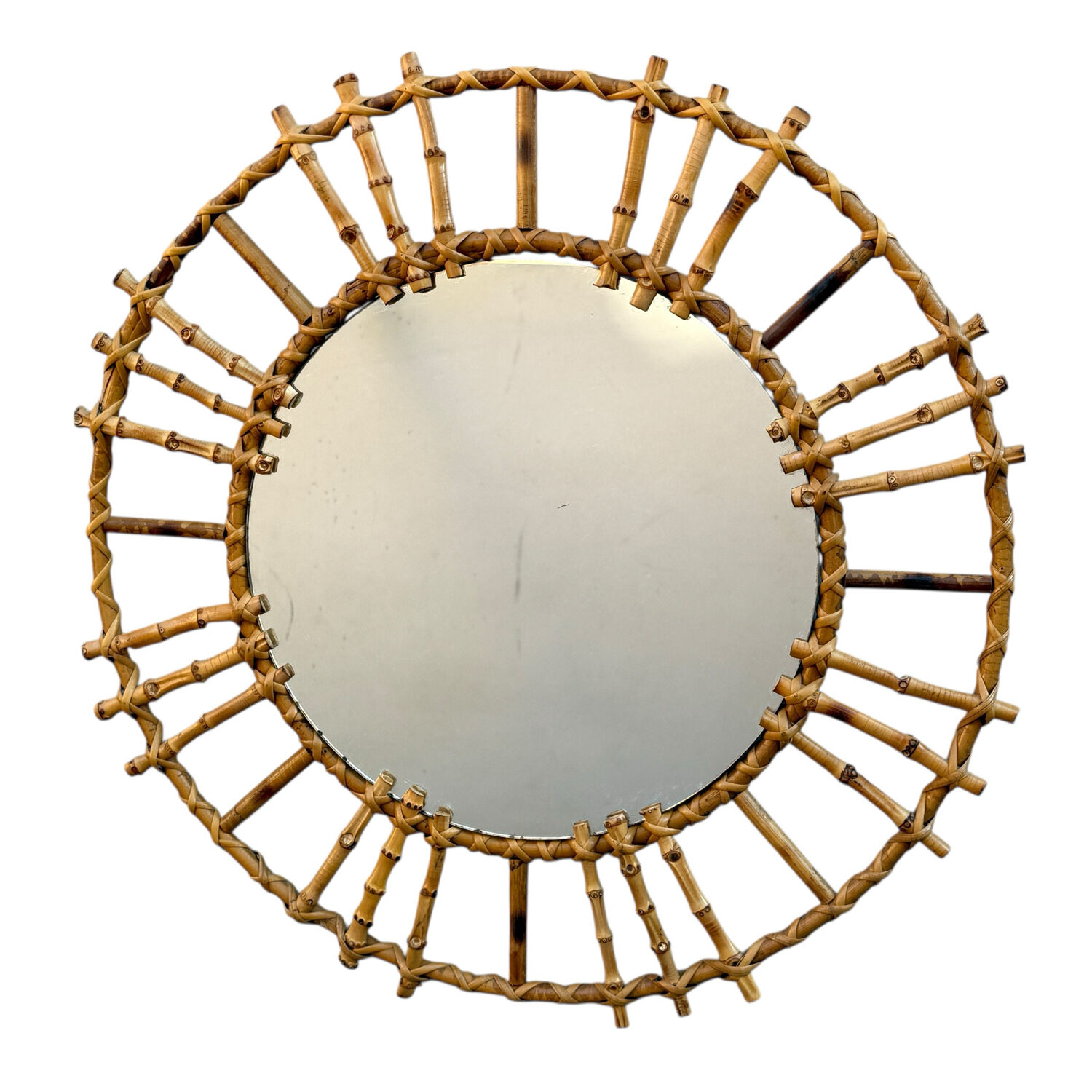 1950s French Rattan Round Mirror