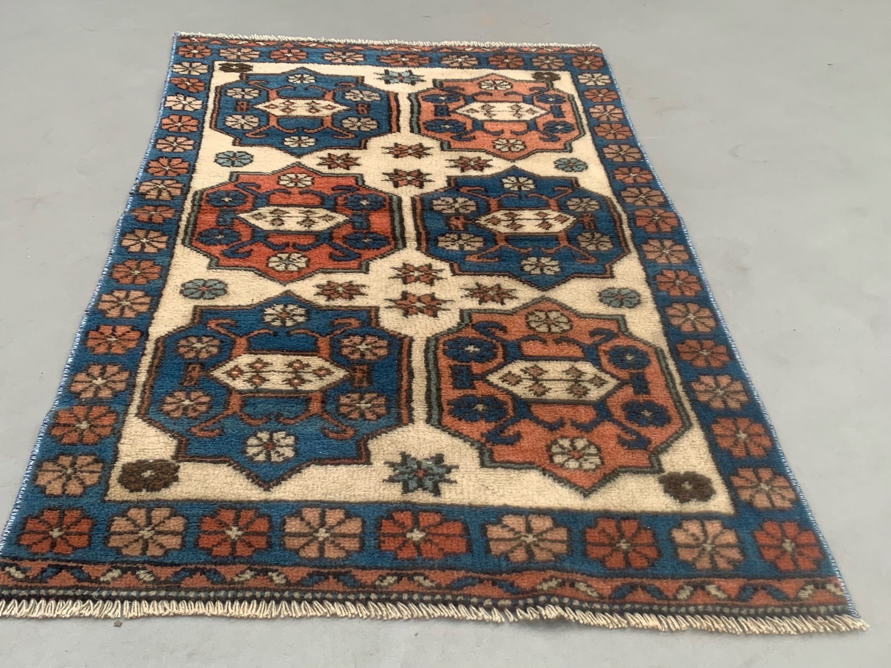 Vintage Turkish Kazak Rug Oriental 135x81 cm Tribal Small Carpet, Red and Blue