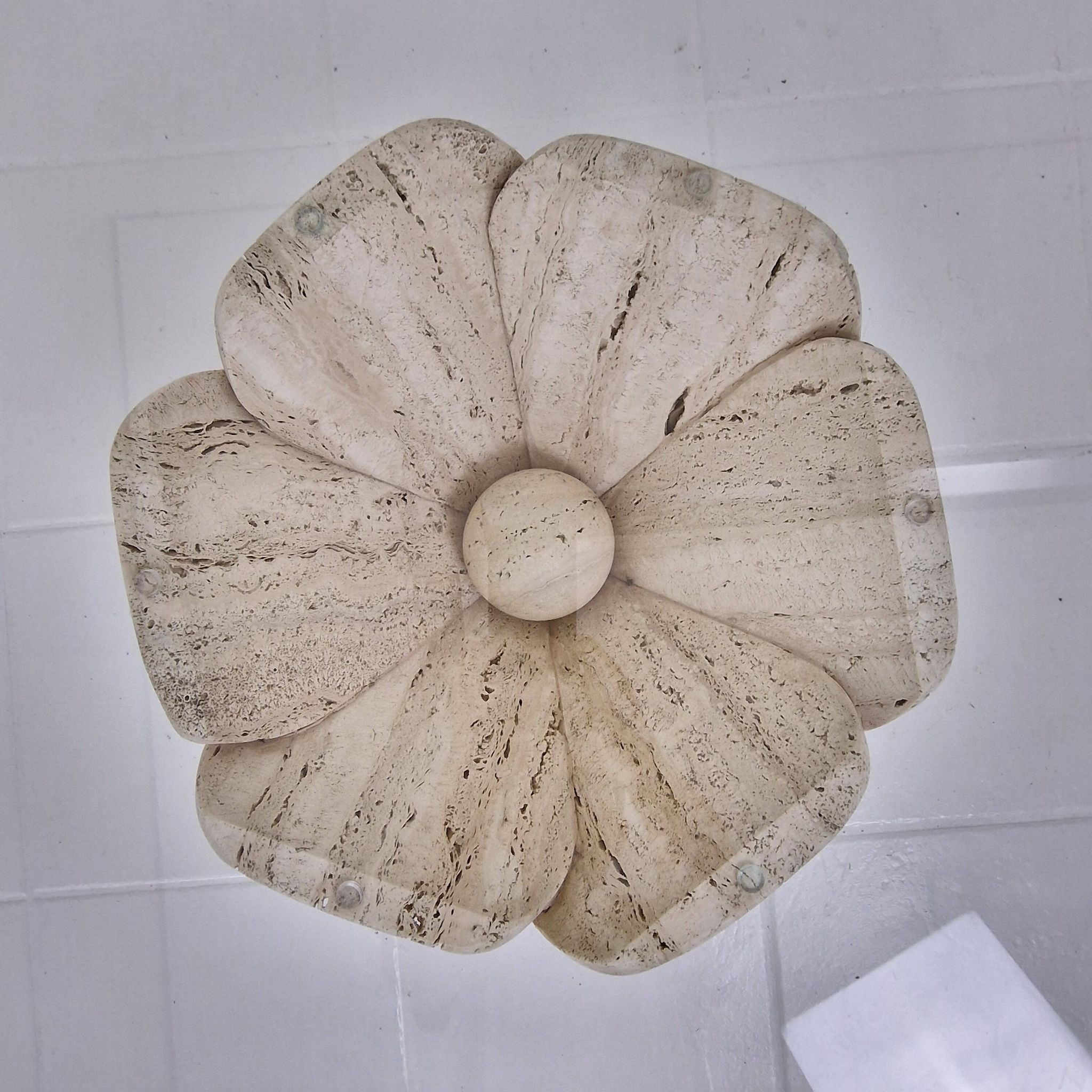 Italian "Flower" Coffee Table in Travertine With Facet-cut Round Plate, 1980s
