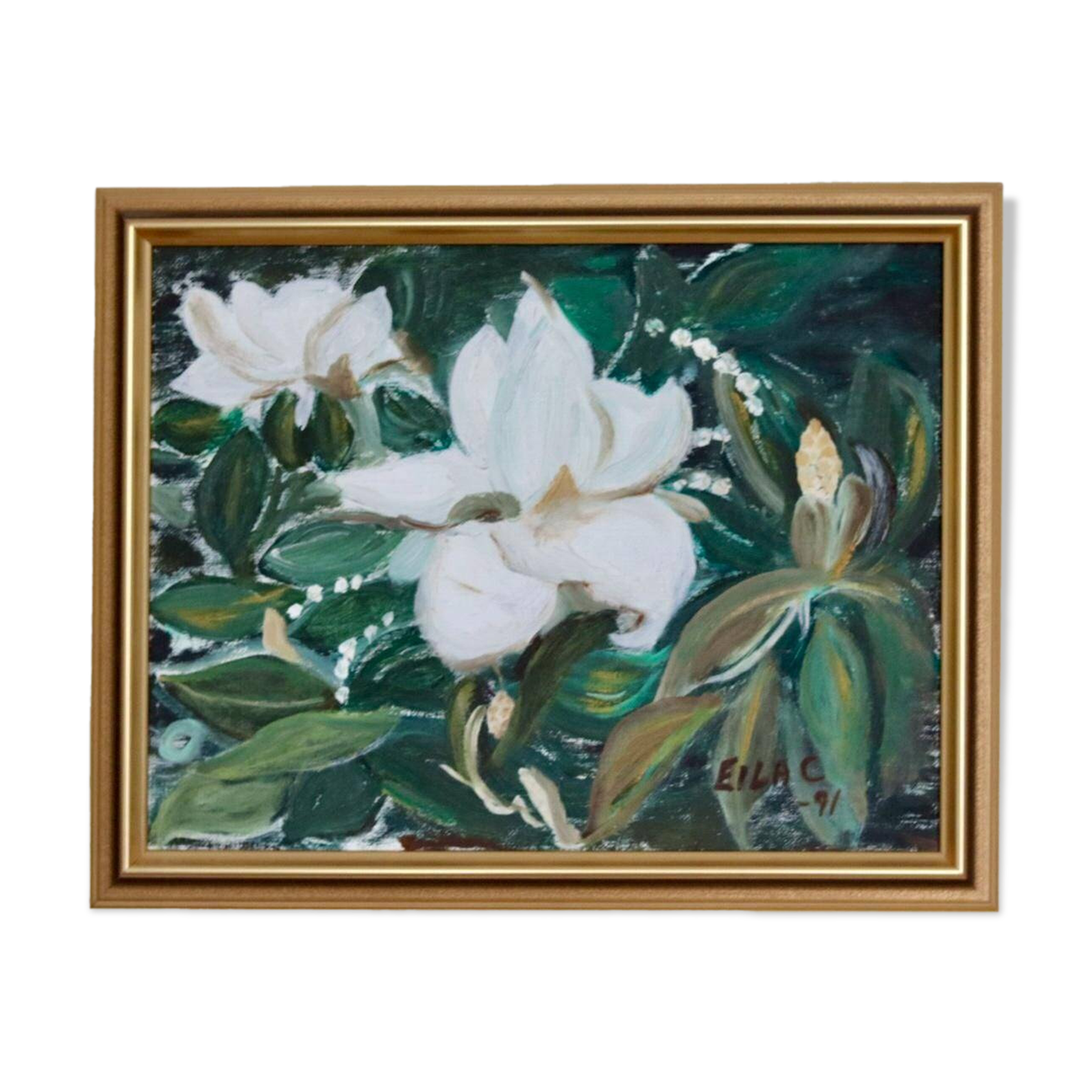 Huile sur toile « Motifs floraux » par Eila C, Suède milieu XXème