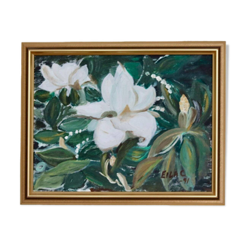 Huile sur toile « Motifs floraux » par Eila C, Suède milieu XXème