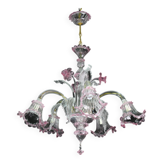 Charming Vintage Venetian Chandelier, Pink Murano Glass, 1950s