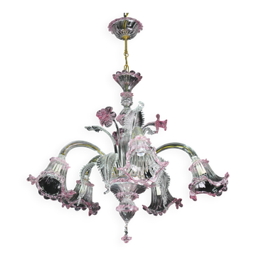 Charming Vintage Venetian Chandelier, Pink Murano Glass, 1950s
