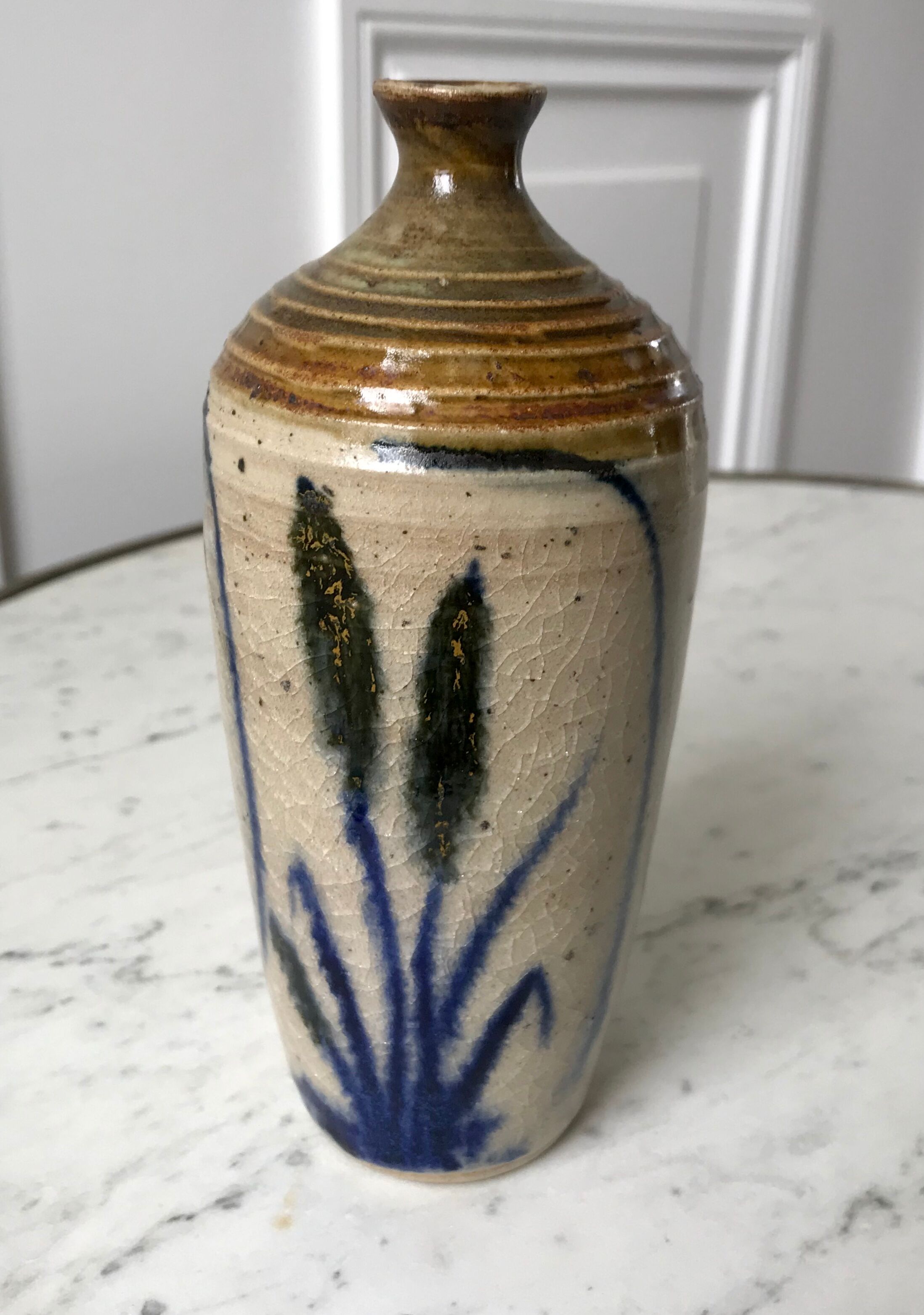 Bottle / soliflore in stoneware artisanal pottery signed "La Roquebrou" 70s