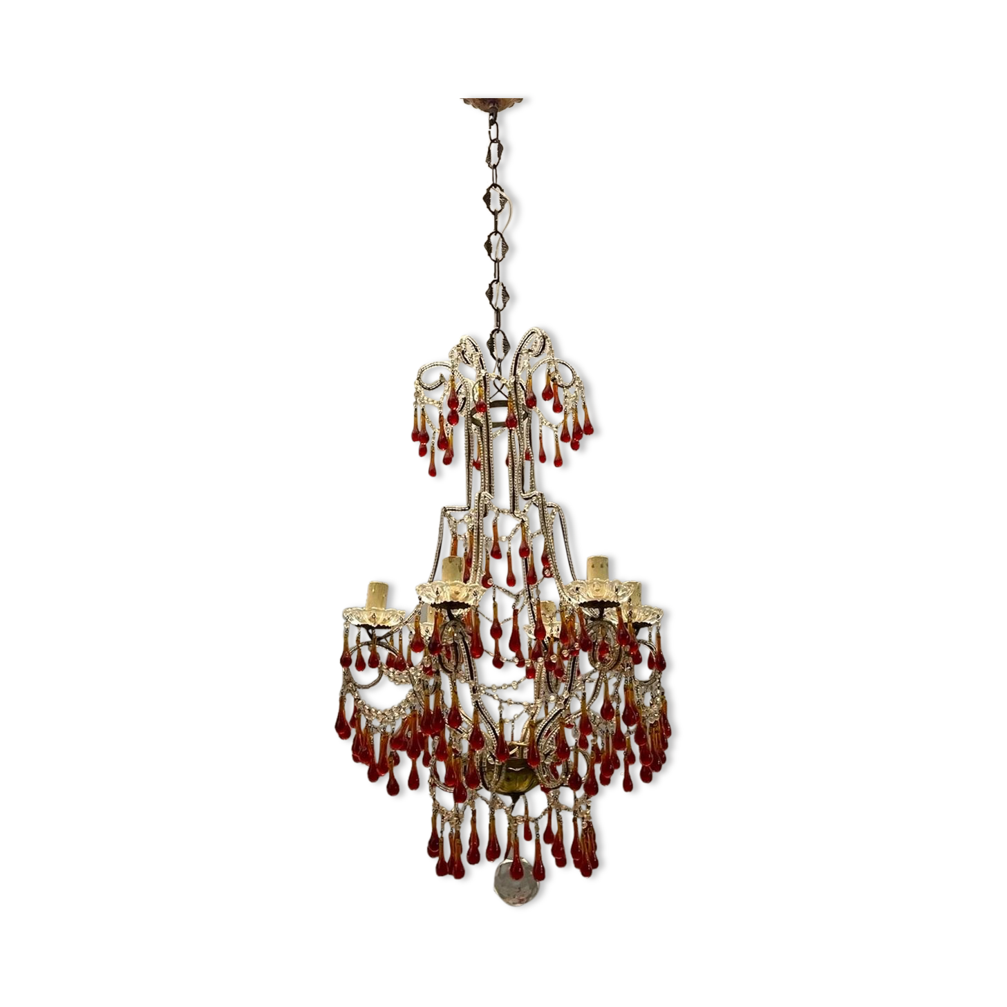 Vintage italian murano glass crystal macaroni beaded chandelier, 1950s
