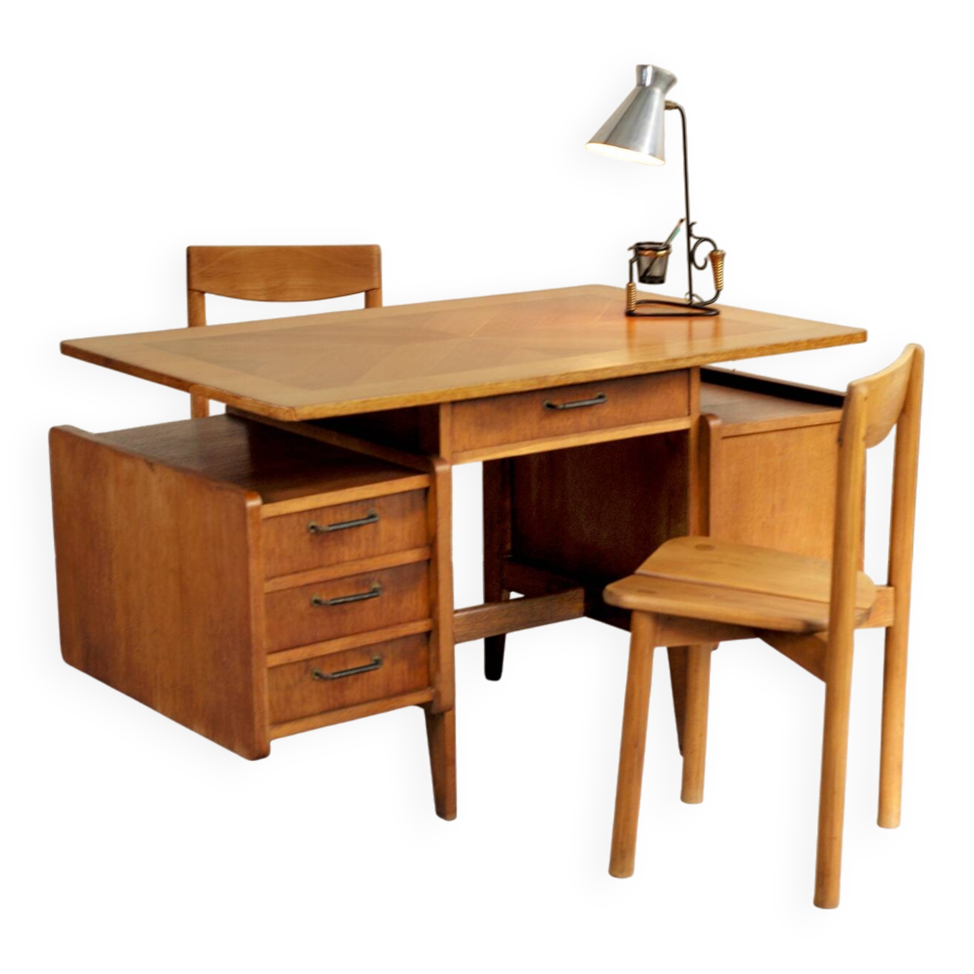 Bureau double à poignées gainées, France 1950