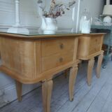 Pair of vintage bedside tables in raw wood, mirrored tops.
