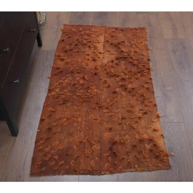 Vintage Turkish Hand-Knotted Wool Cotton Brown Kilim Area Rug 69x133