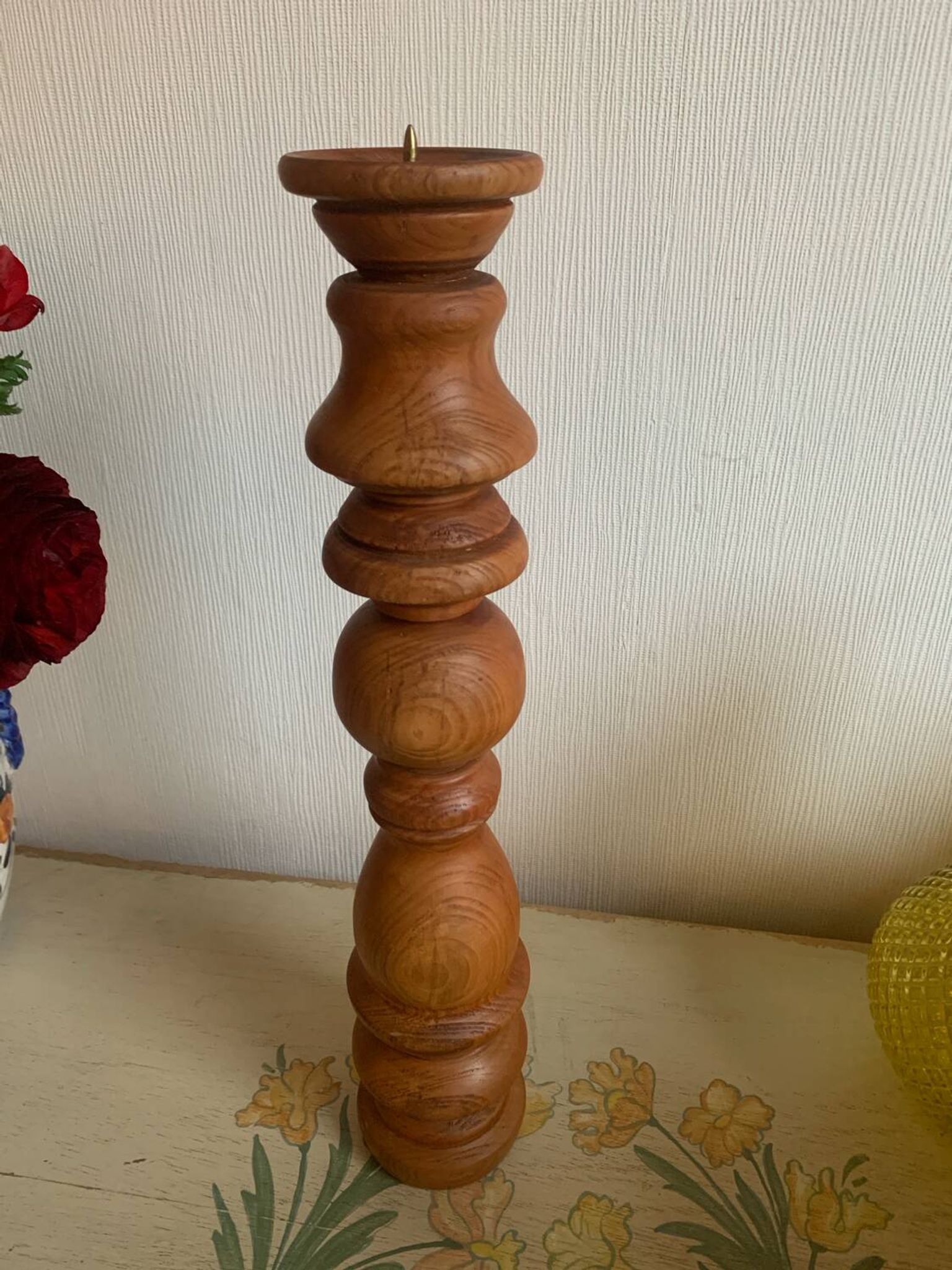 Sculptural Totem Candle Holder 40cm - Turned Solid Wood - 70s Spirit / Pear
