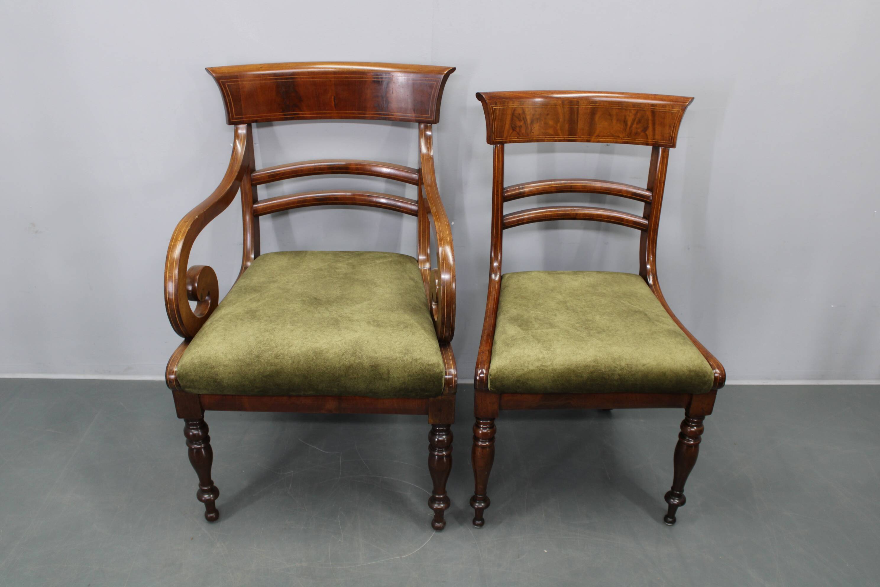 French Art Deco walnut dining chair set with armchairs, France 1930s