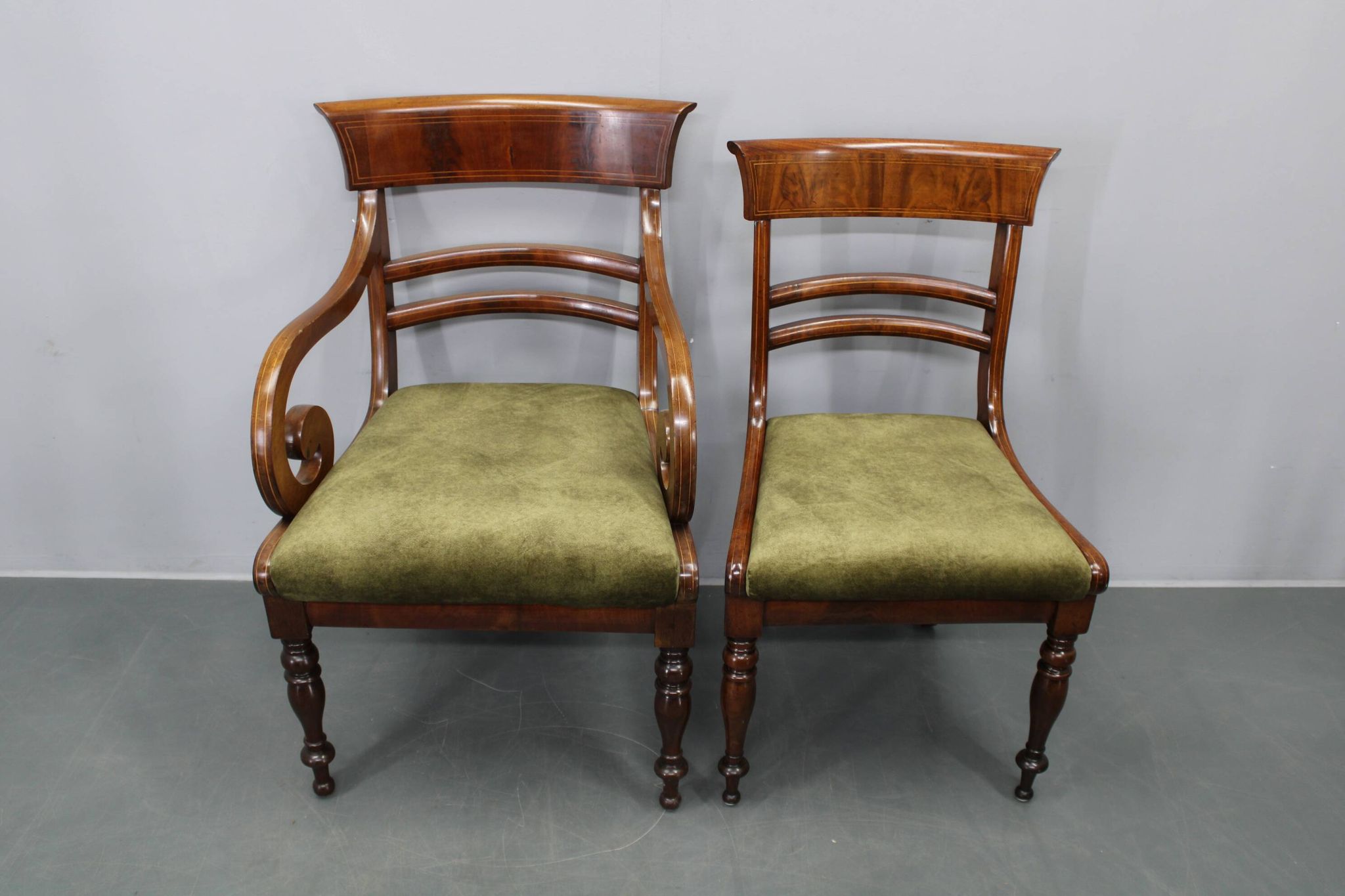 French Art Deco walnut dining chair set with armchairs, France 1930s