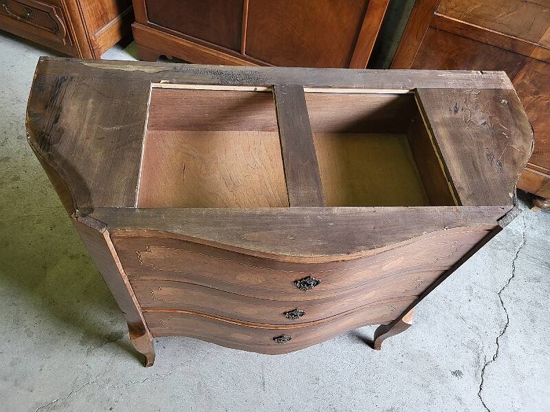 Curved chest of drawers in rosewood and marble marquetry