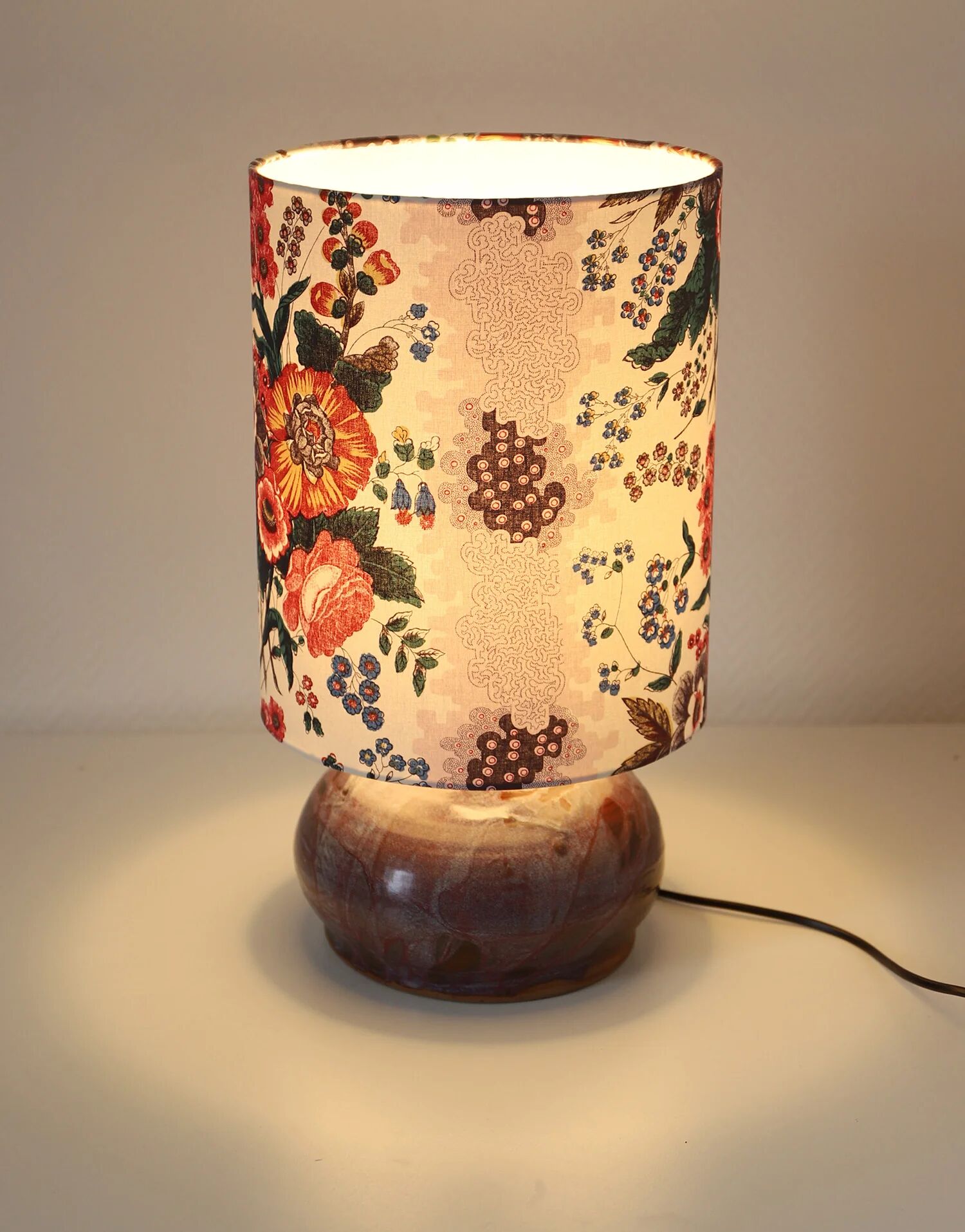 Recycled vintage lamp — handmade plum ceramic and antique floral lampshade