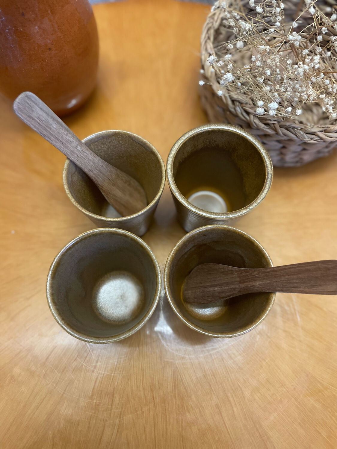 Set of 4 Digoin stoneware cups, glasses and wooden spoons