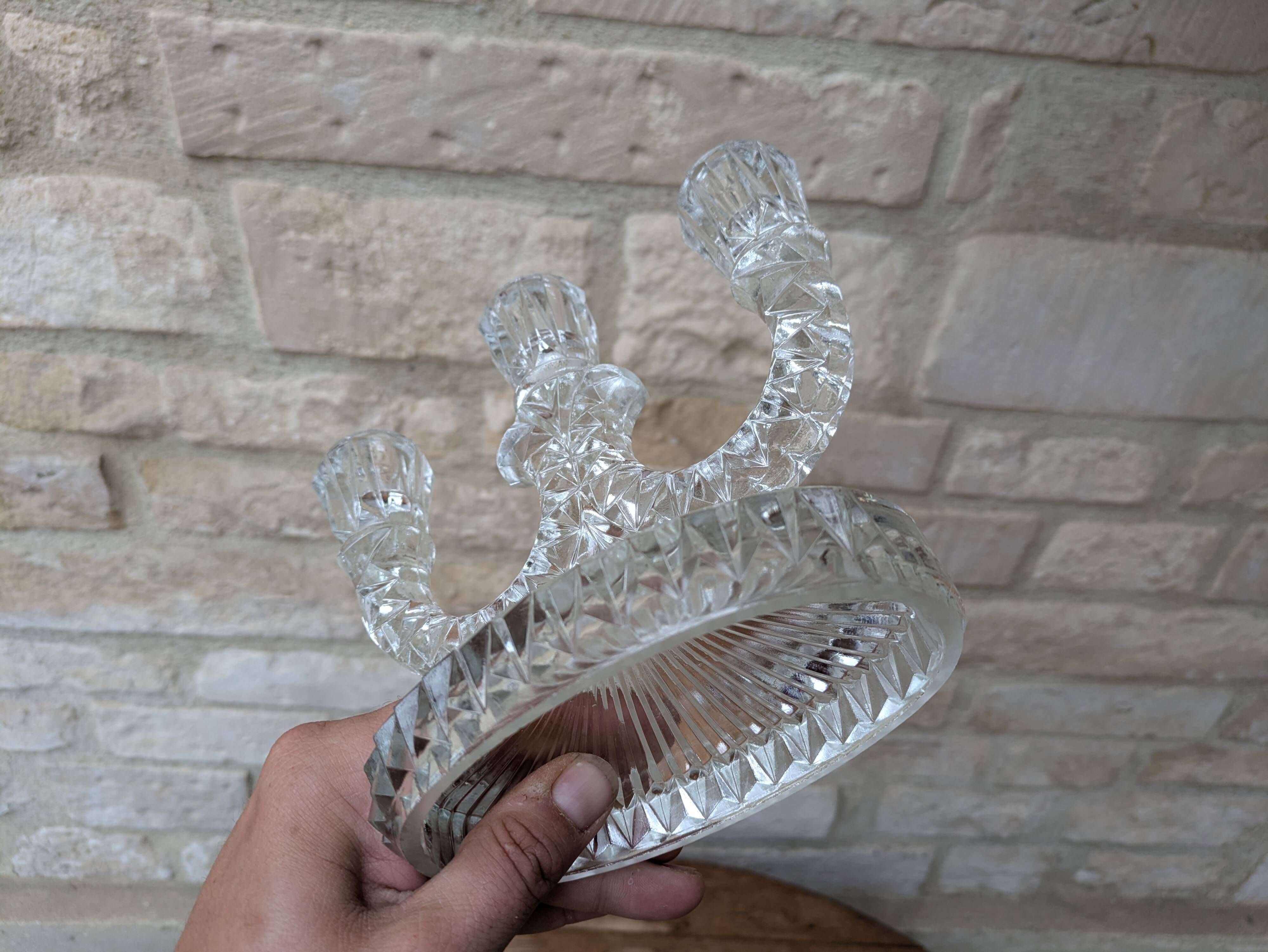 Antique molded glass candle holder for 3 taper candles
