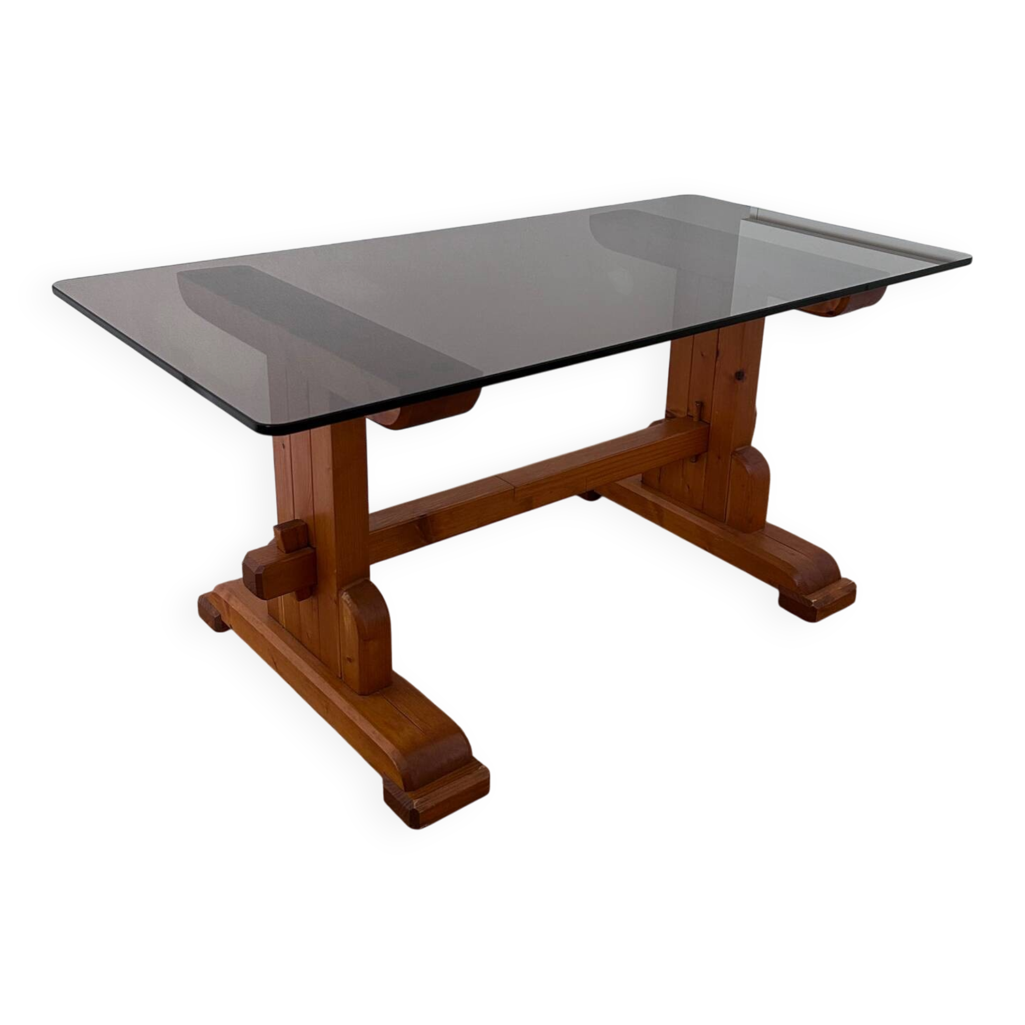 Pine coffee table with smoked glass top.