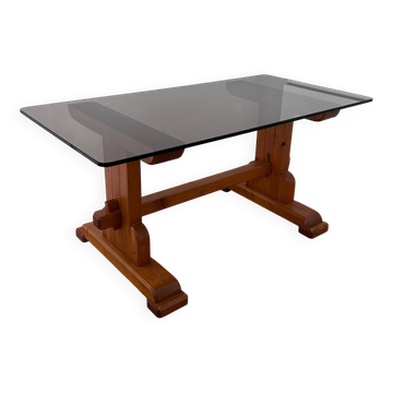 Table basse en pin plateau en verre fumé 