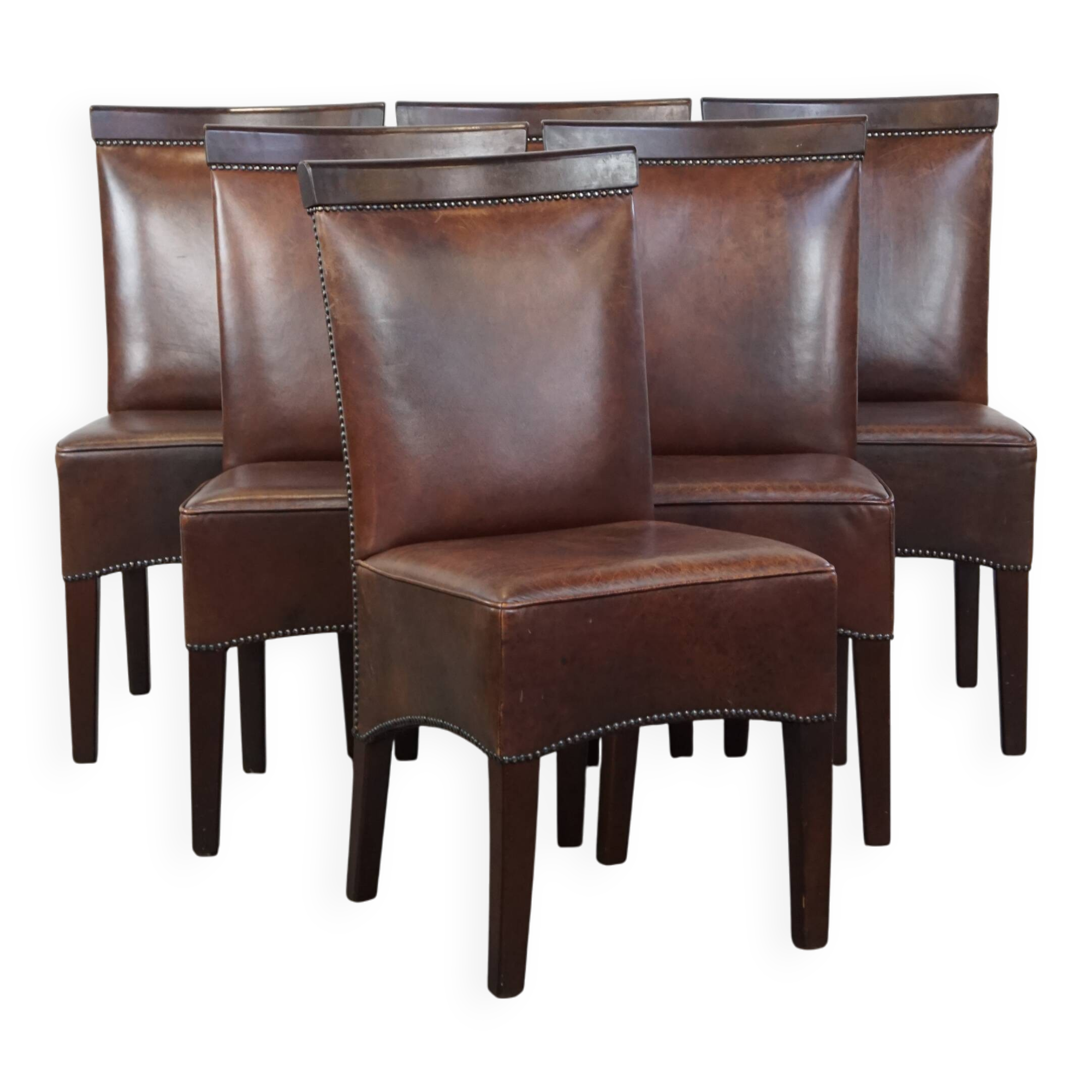 Set of 6 cognac-colored cowhide Art Deco design dining room chairs