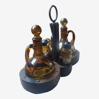 Oil, vinegar, salt shaker, pepper maker wooden support set