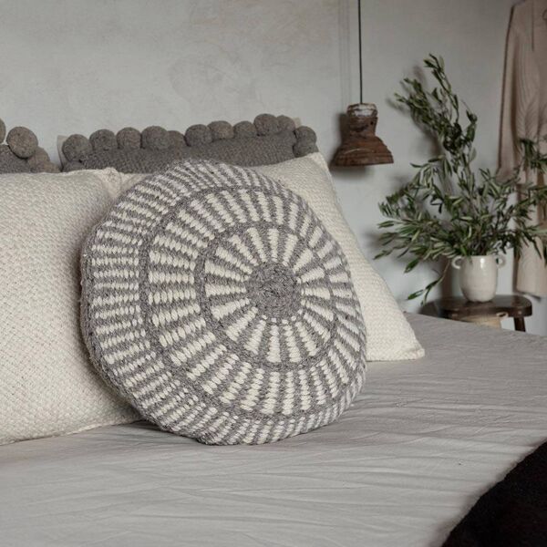 Coussin rond 100% pure laine motifs gris