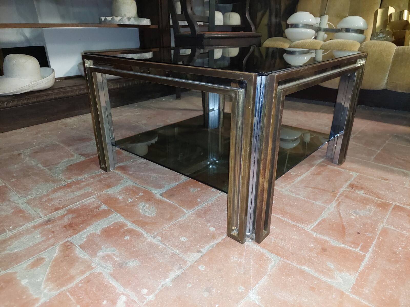 Smoked coffee table, brass, chromed metal, glass, 70s