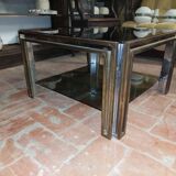 Smoked coffee table, brass, chromed metal, glass, 70s