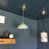 Lamp suspension vintage 70s opaline golden metal "La belle Verte"