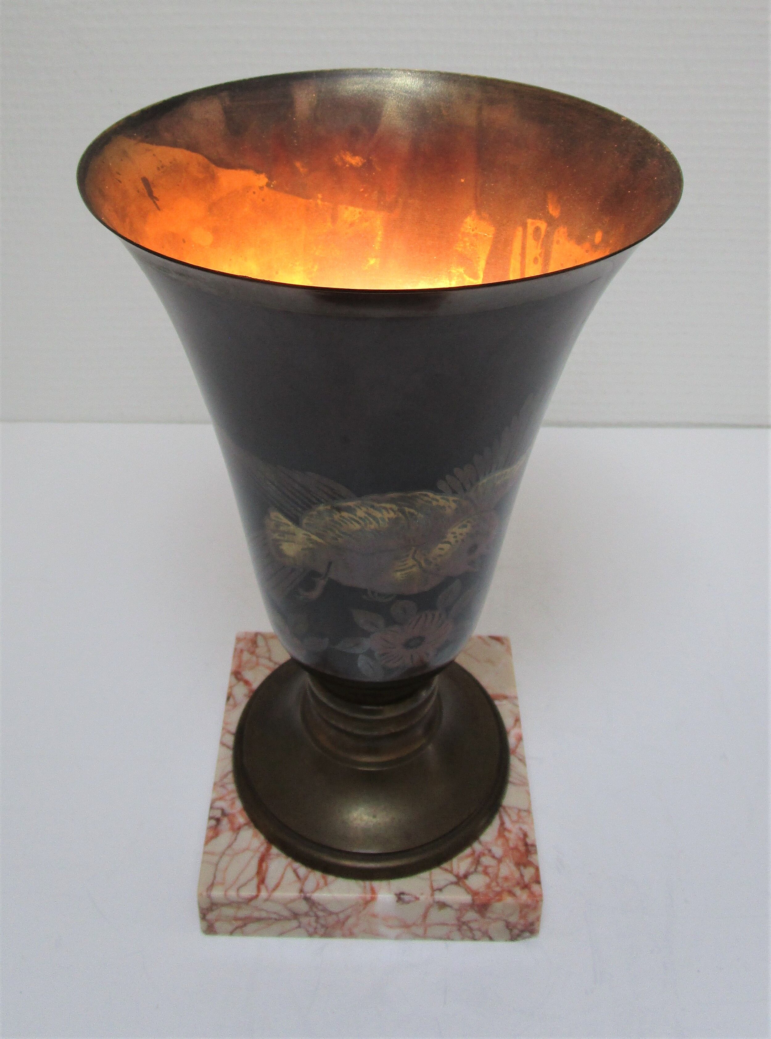 Lampe vasque art déco métal et marbre signée a.ducobu décor fleurs oiseau