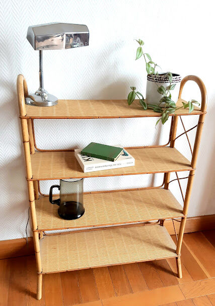 Rattan shelf on feet, vintage work 1960