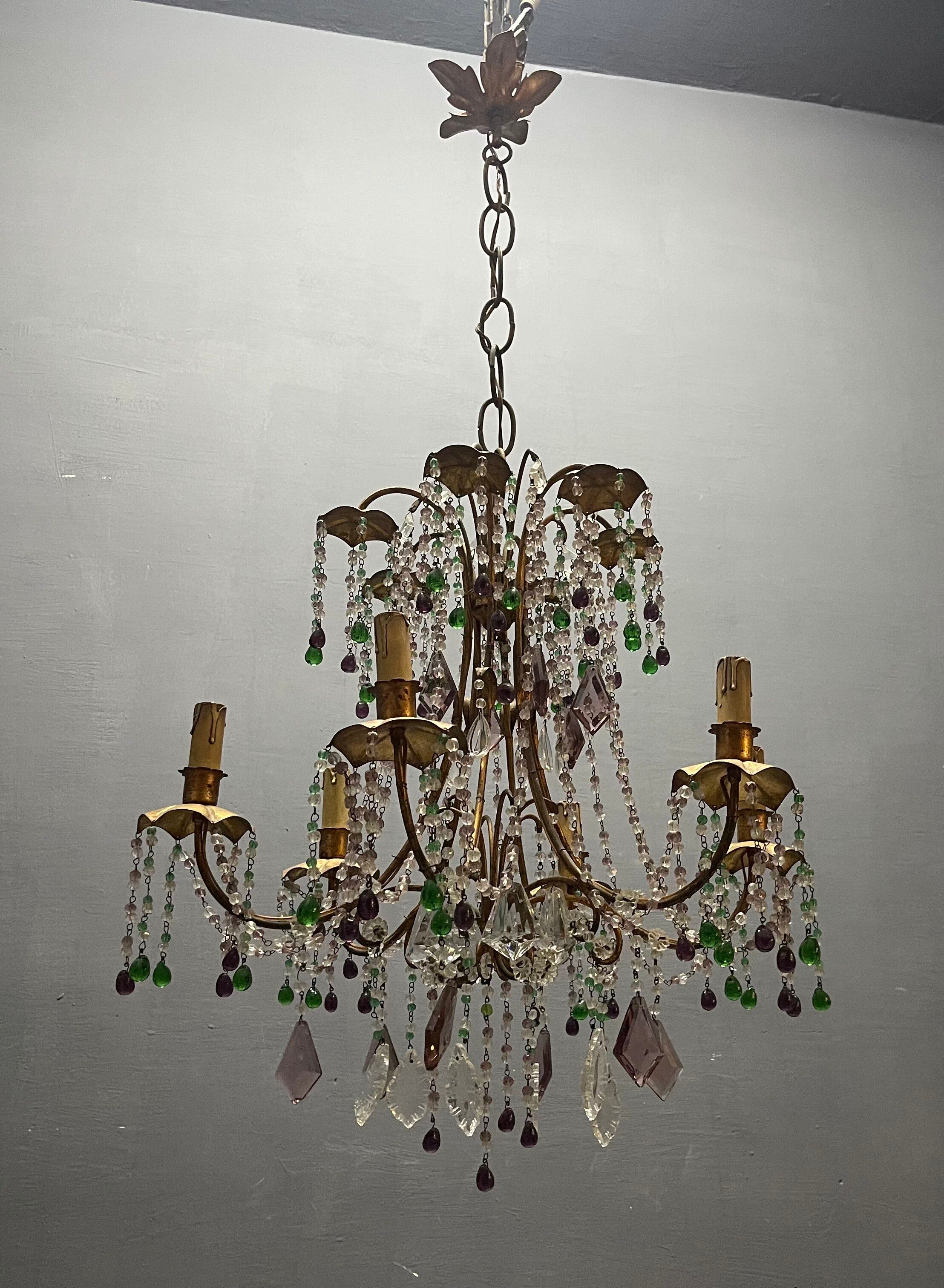 Chandelier en verre de Murano perlé doré en tole florentine italienne des années 1950 à 6 lumières