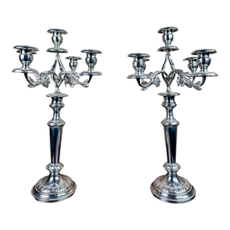 Candlesticks 5-spoke with foliage decoration in vintage silver metal 1980