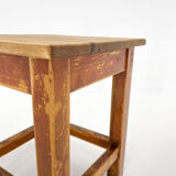 1950's Square Wooden Stool of Footrest with Original Paint, Czechoslovakia