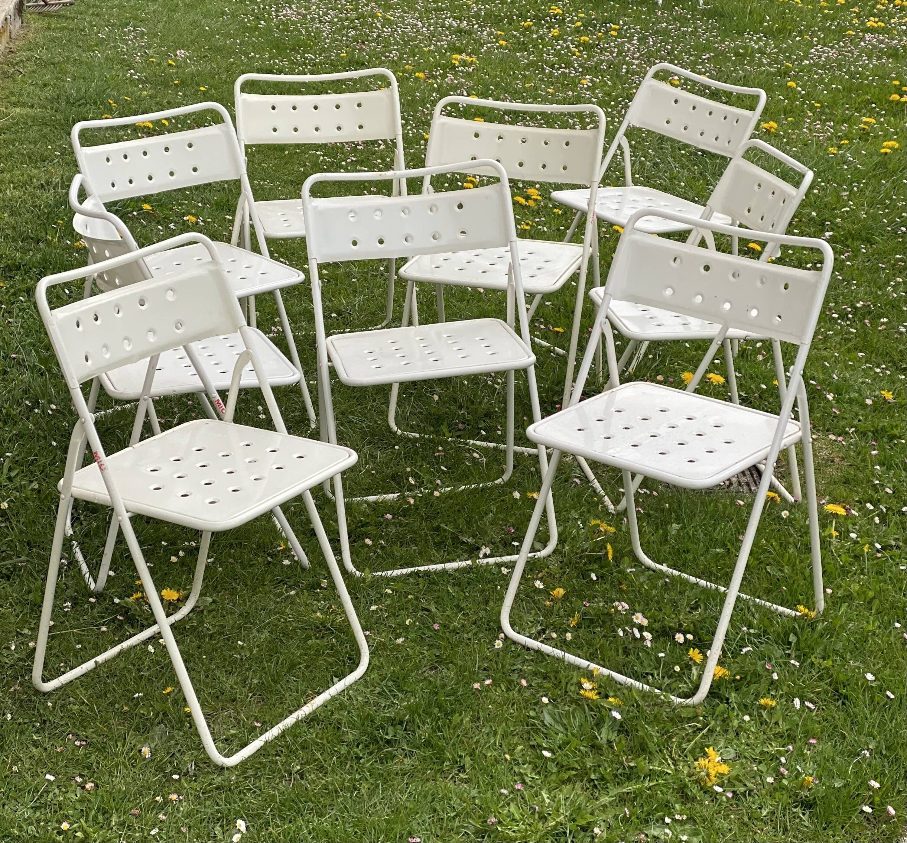Set of 9 vintage perforated metal folding chairs 1970-80