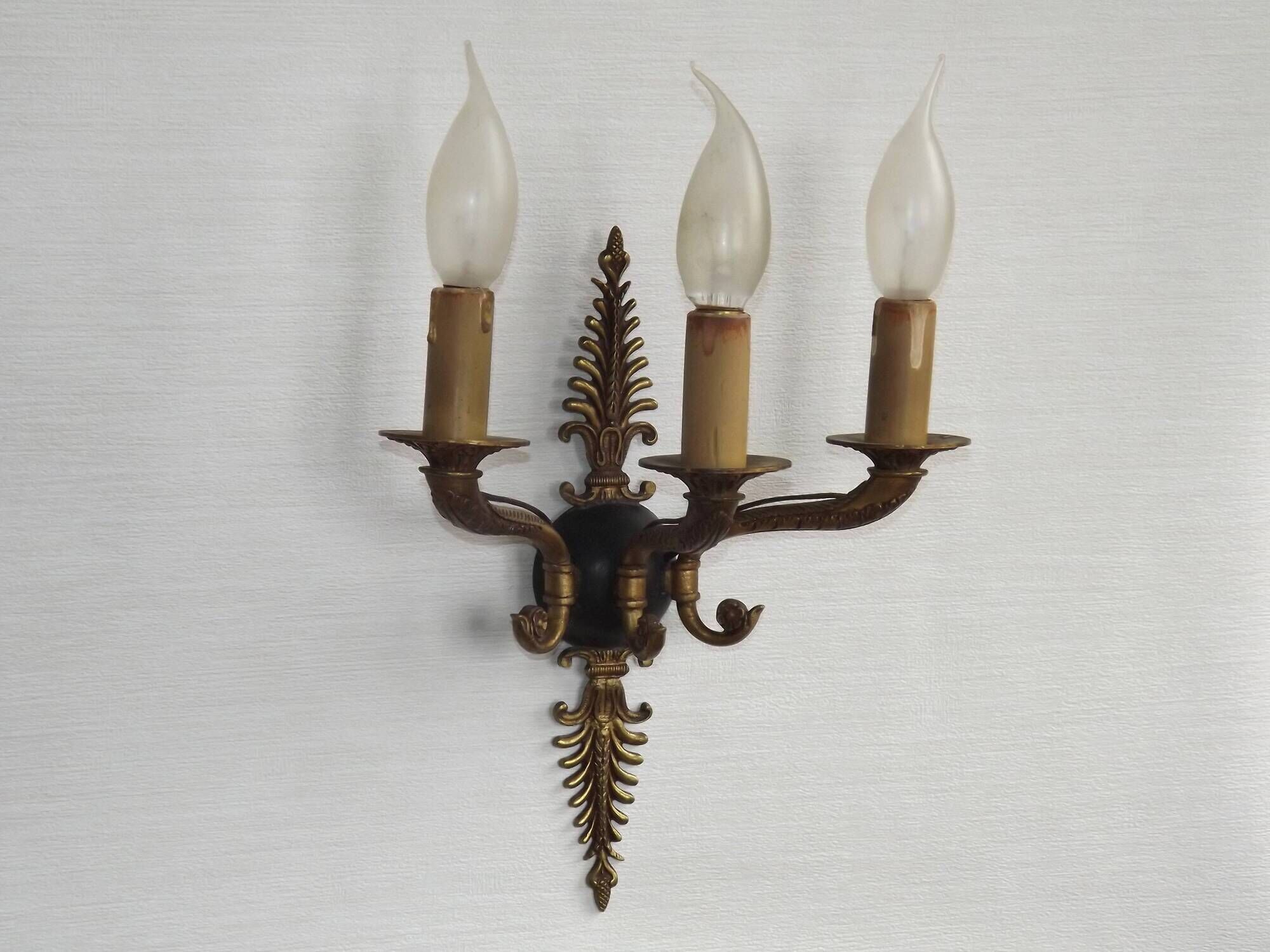 Set of 3 Bronze French Empire Style Triple Light Wall Sconces Neoclassical